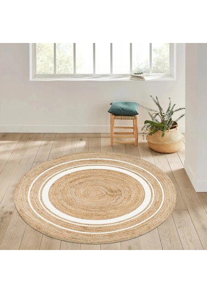 Boho 991 Natural Jüt Görünümlü Desen Üzerine Beyaz Halkalar Yuvarlak Natural Çift Taraflı Halı