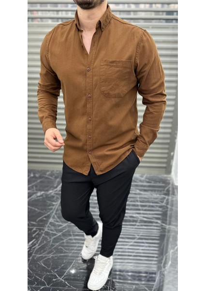 Slimfit Kesim Erkek Tek Cepli Gabardin Gomlek-Kahve