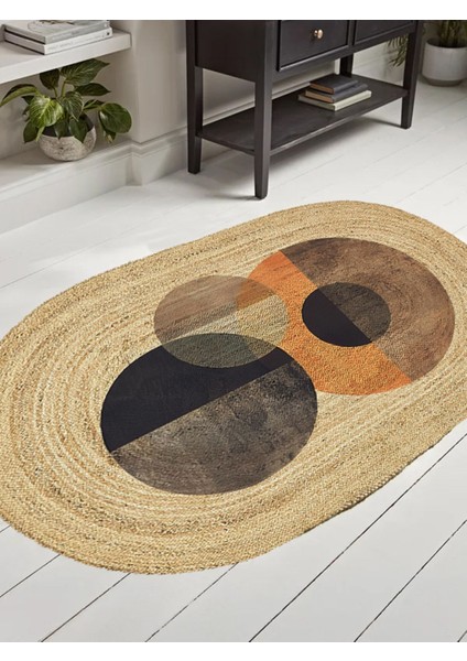 Boho 986 Oval Siyah Etnik Desenli Jüt Rengi Örgü Yuvarlak Natural Çift Taraflı Halı indirimleri
