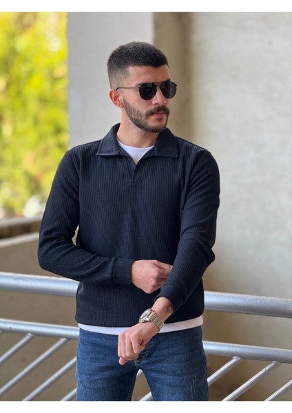 Slimfit Kesim Erkek Yakalı Düz Desen Örme Triko Kazak-Lacivert