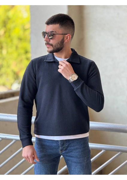 Slimfit Kesim Erkek Yakalı Düz Desen Örme Triko Kazak-Lacivert fiyatları