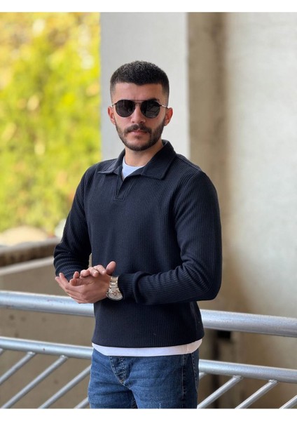 Slimfit Kesim Erkek Yakalı Düz Desen Örme Triko Kazak-Lacivert modelleri