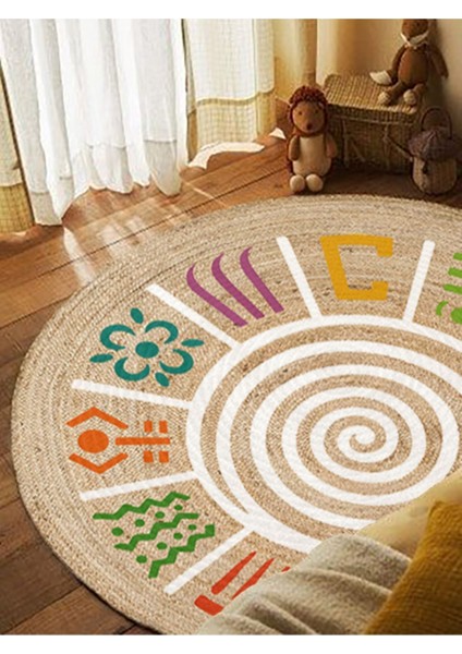Boho 954 Multy Soyut Desenli Jüt Rengi Örgü Yuvarlak Natural Çift Taraflı Halı modelleri