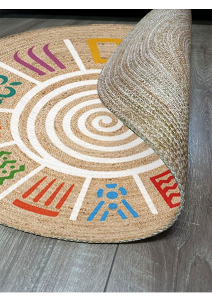 Boho 954 Multy Soyut Desenli Jüt Rengi Örgü Yuvarlak Natural Çift Taraflı Halı indirimleri