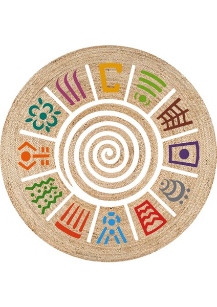 Boho 954 Multy Soyut Desenli Jüt Rengi Örgü Yuvarlak Natural Çift Taraflı Halı