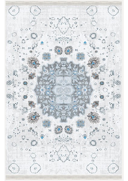 Mars Serisi Gri Mavi Etnik Geometrik Desen Kaymaz Taban Şönil Halı