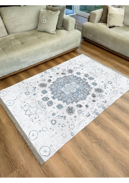 Mars Serisi Gri Mavi Etnik Geometrik Desen Kaymaz Taban Şönil Halı fiyatları