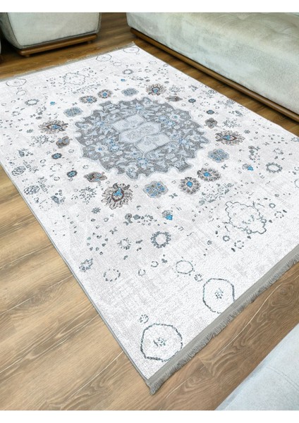 Mars Serisi Gri Mavi Etnik Geometrik Desen Kaymaz Taban Şönil Halı modelleri