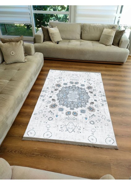 Mars Serisi Gri Mavi Etnik Geometrik Desen Kaymaz Taban Şönil Halı fırsatları