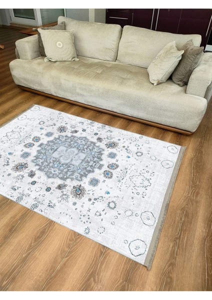 Mars Serisi Gri Mavi Etnik Geometrik Desen Kaymaz Taban Şönil Halı indirimleri