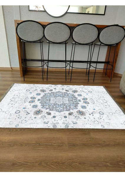 Mars Serisi Gri Mavi Etnik Geometrik Desen Kaymaz Taban Şönil Halı
