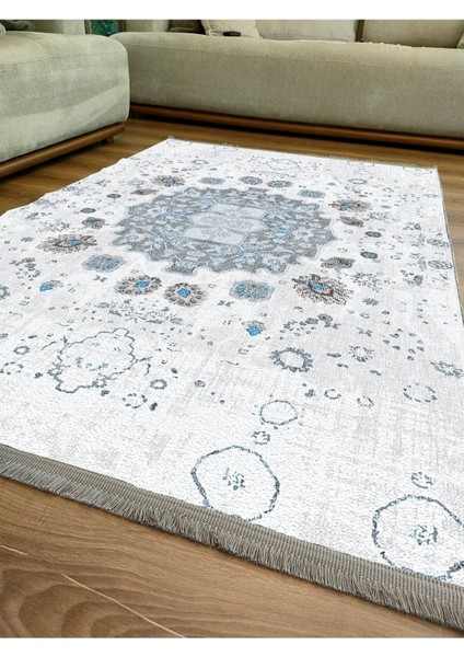 Mars Serisi Gri Mavi Etnik Geometrik Desen Kaymaz Taban Şönil Halı