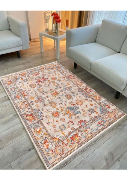 Mars 2037 Krem Tonlarında Çiçek Temalı Bordürlü Desen Kaymaz Taban Dekoratifl Halı