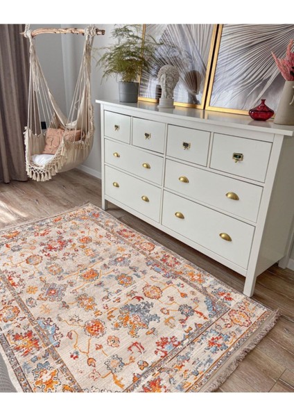 Mars 2037 Krem Tonlarında Çiçek Temalı Bordürlü Desen Kaymaz Taban Dekoratifl Halı fiyatları