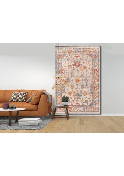 Mars 2037 Krem Tonlarında Çiçek Temalı Bordürlü Desen Kaymaz Taban Dekoratifl Halı fırsatları