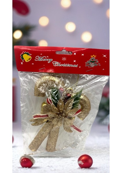 Parlak Gold Yılbaşı Çam Ağacı Süsü Baston Figür Seti 2'li