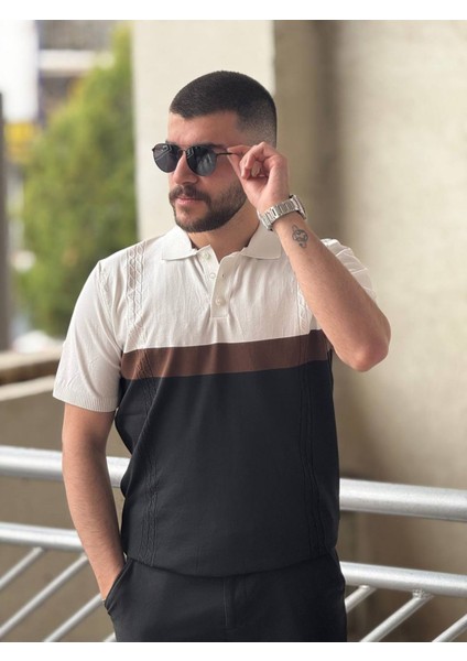Slimfit Kesim Erkek Polo Yaka Parçalı Desen Triko Tshirt-Beyaz