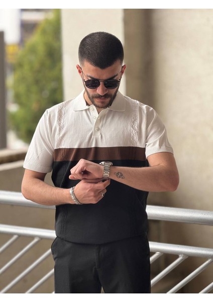 Slimfit Kesim Erkek Polo Yaka Parçalı Desen Triko Tshirt-Beyaz modelleri