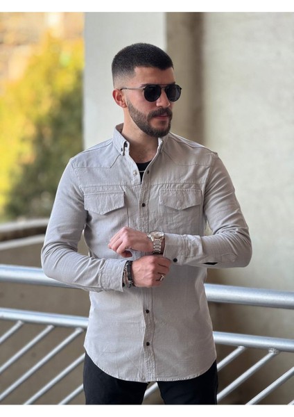 Slimfit Kesim Erkek Levi Model Cotton Cift Cepli Gömlek-Gri