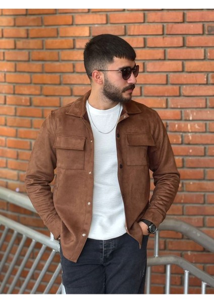 Slimfit Kesim Erkek Çift Cepli Süet Gömlek-Kahve