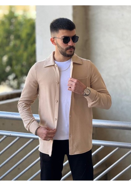 Slimfit Kesim Erkek Ince Çizgi Desen Tek Cepli Gömlek-Bej
