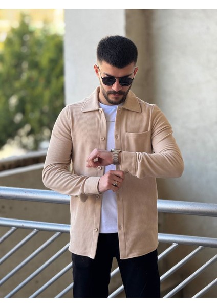 Slimfit Kesim Erkek Ince Çizgi Desen Tek Cepli Gömlek-Bej fiyatları