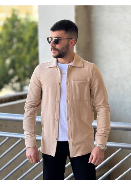 Slimfit Kesim Erkek Ince Çizgi Desen Tek Cepli Gömlek-Bej modelleri