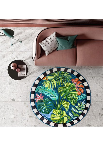 Mars 164 Tropikal Yeşil Canlı Renkli Dama Desenli Dokuma Taban Yuvarlak Halı fiyatları