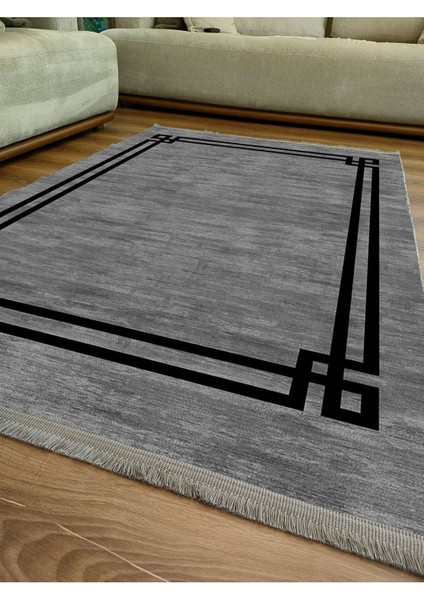 Mars 2064 Siyah Çerçeve Desenli Yıkanabilir Kaymaz Salon Halısı, Koridor ve Mutfak Halısı indirimleri