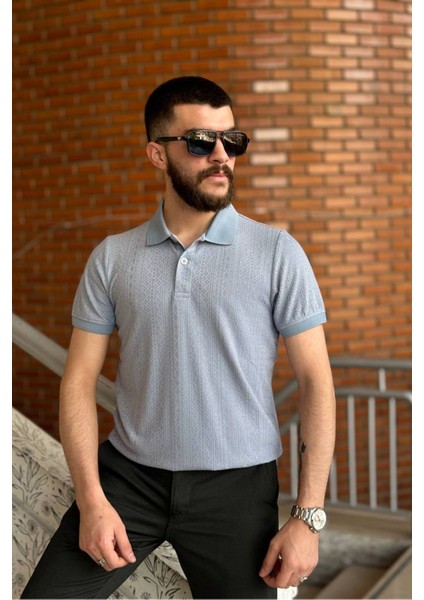 Slimfit Kesim Erkek Jakar Yakalı Desenli TSHIRT-MAVİ-909
