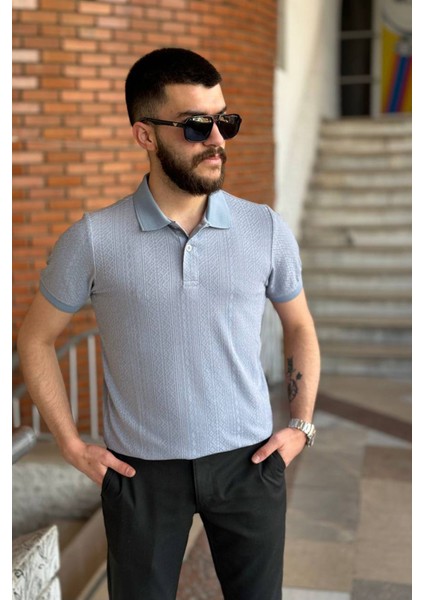 Slimfit Kesim Erkek Jakar Yakalı Desenli TSHIRT-MAVİ-909 fiyatları