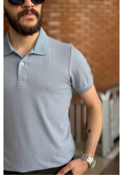 Slimfit Kesim Erkek Jakar Yakalı Desenli TSHIRT-MAVİ-909 modelleri