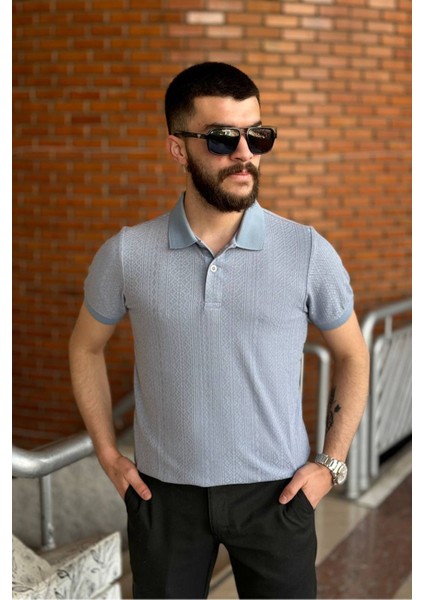 Slimfit Kesim Erkek Jakar Yakalı Desenli TSHIRT-MAVİ-909 fırsatları
