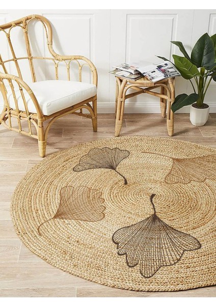 Floral Desenli Örgü Yuvarlak Natural Çift Taraflı Halı Boho 907