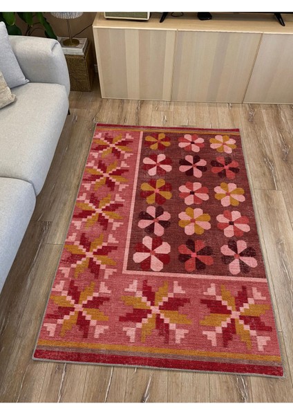 Mars 108 Pastel Gül Kurusu Pembe Çiçekli Floral Dokuma Taban Salon Mutfak Halısı modelleri