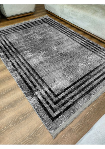 Mars 2086 Gri ve Siyah Tonlarında Eskitme Çizgi Desen Kaymaz Taban Dekoratif Halı
