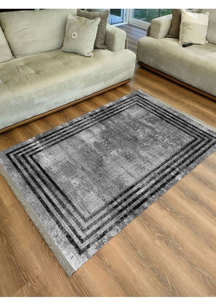 Mars 2086 Gri ve Siyah Tonlarında Eskitme Çizgi Desen Kaymaz Taban Dekoratif Halı modelleri
