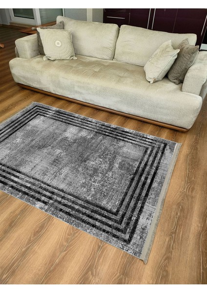 Mars 2086 Gri ve Siyah Tonlarında Eskitme Çizgi Desen Kaymaz Taban Dekoratif Halı fırsatları
