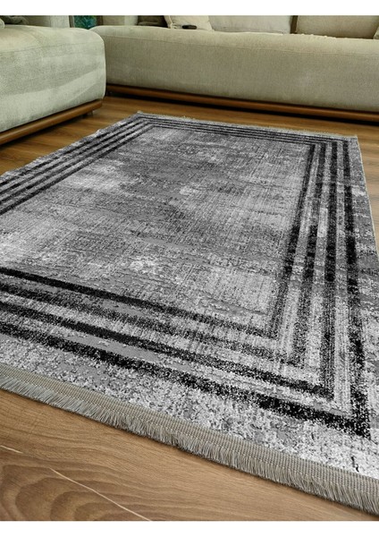 Mars 2086 Gri ve Siyah Tonlarında Eskitme Çizgi Desen Kaymaz Taban Dekoratif Halı