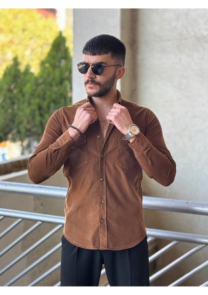 Slimfit Kesim Erkek Kadife Kumas Cift Cepli Gömlek-Kahve