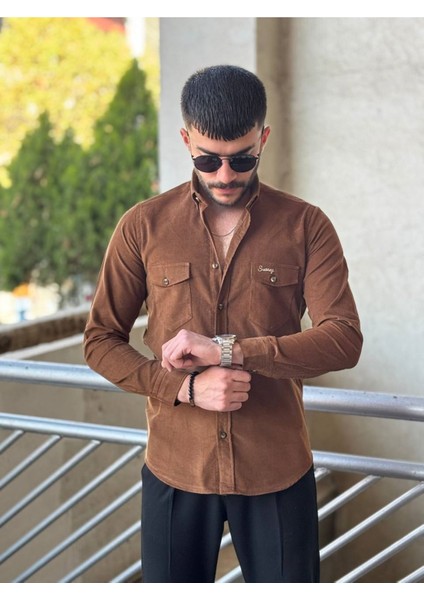 Slimfit Kesim Erkek Kadife Kumas Cift Cepli Gömlek-Kahve fiyatları