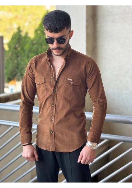 Slimfit Kesim Erkek Kadife Kumas Cift Cepli Gömlek-Kahve modelleri