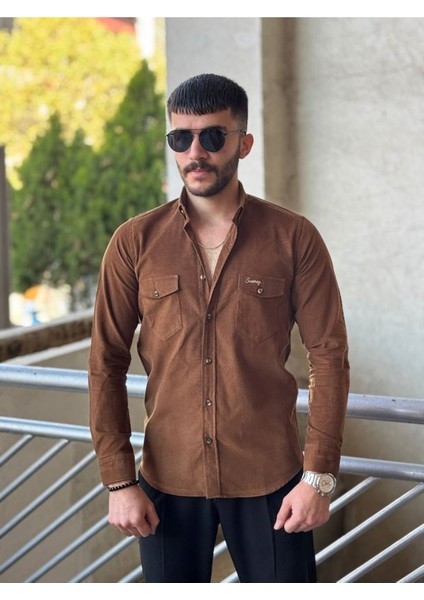 Slimfit Kesim Erkek Kadife Kumas Cift Cepli Gömlek-Kahve fırsatları