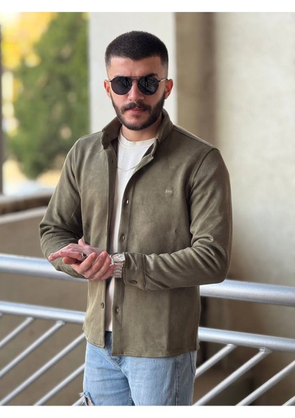 Slimfit Kesim Erkek Düz Desen Süet Gömlek-Haki