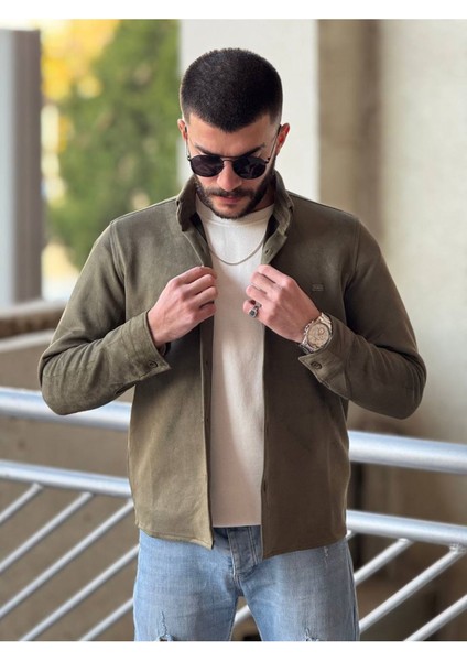 Slimfit Kesim Erkek Düz Desen Süet Gömlek-Haki modelleri