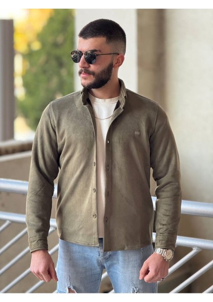 Slimfit Kesim Erkek Düz Desen Süet Gömlek-Haki fırsatları