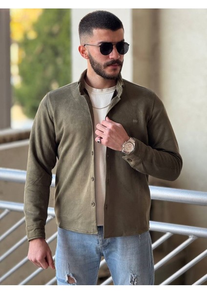 Slimfit Kesim Erkek Düz Desen Süet Gömlek-Haki indirimleri