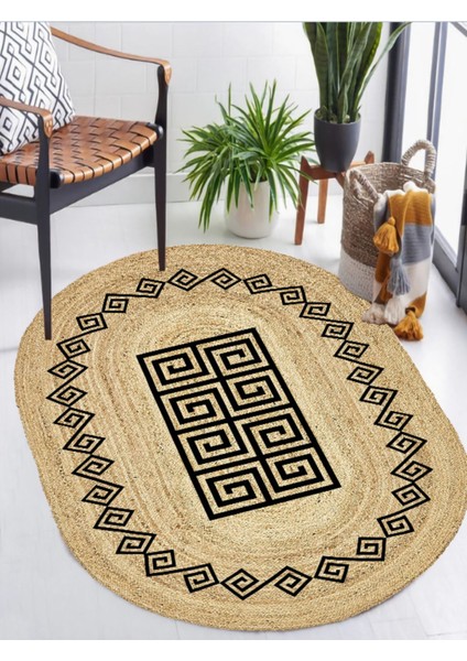 Boho 987 Jüt Hasır Etnik Desenli Oval Jüt Örme Doğal Hasır Natural Oval Halı