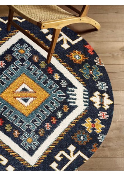Boho 952 Lacivert Etnik ve Geometrik Jüt Rengi Örgü Yuvarlak Natural Çift Taraflı Halı indirimleri