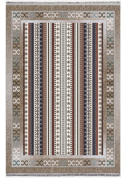 Mars 2075 Serisi Kahve Tonlarında Etnik Geometrik Desen Kaymaz Taban Dekoratif Halı